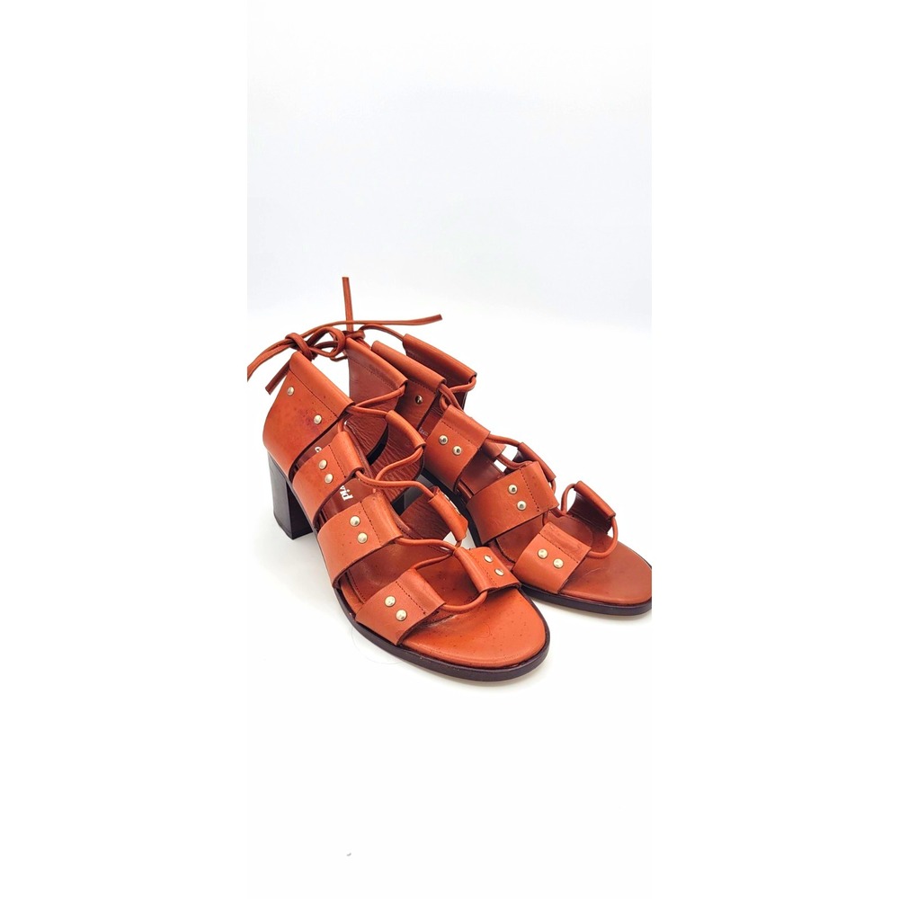 Charles David Brown Leather Strappy Lace-Up Studded Block Heel Sandals 7.5